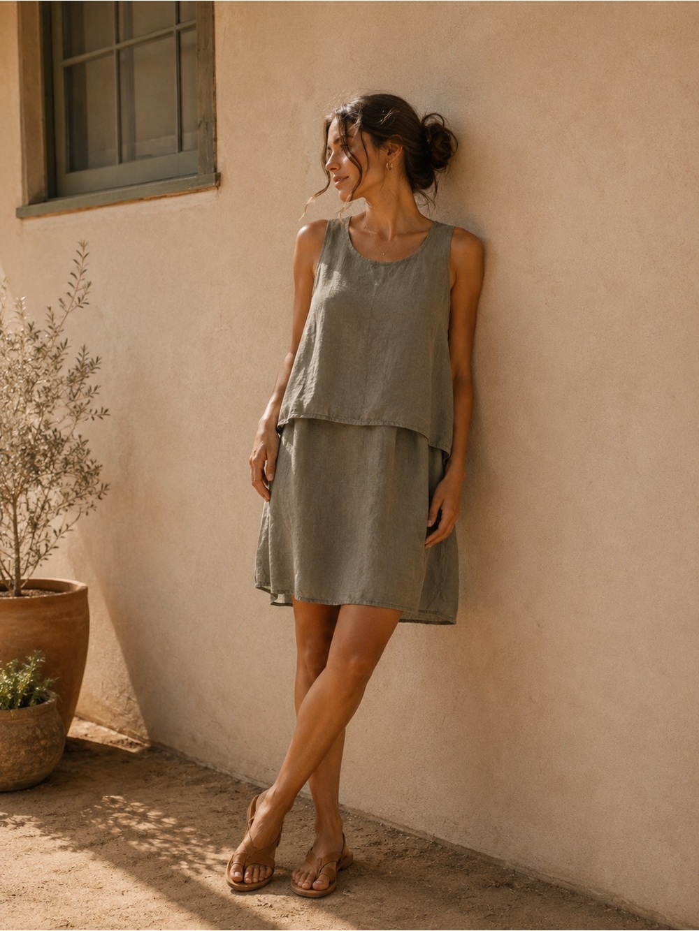 Lingo L’arno | 100% Linen Dress | Layered Sage Green Midi Dress